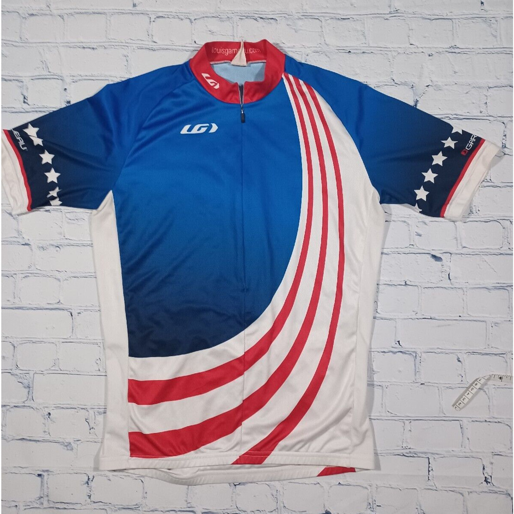 Louis Garneau‎ Jersey Mens Sz M Red White Blue Cycling Full Zip Pockets